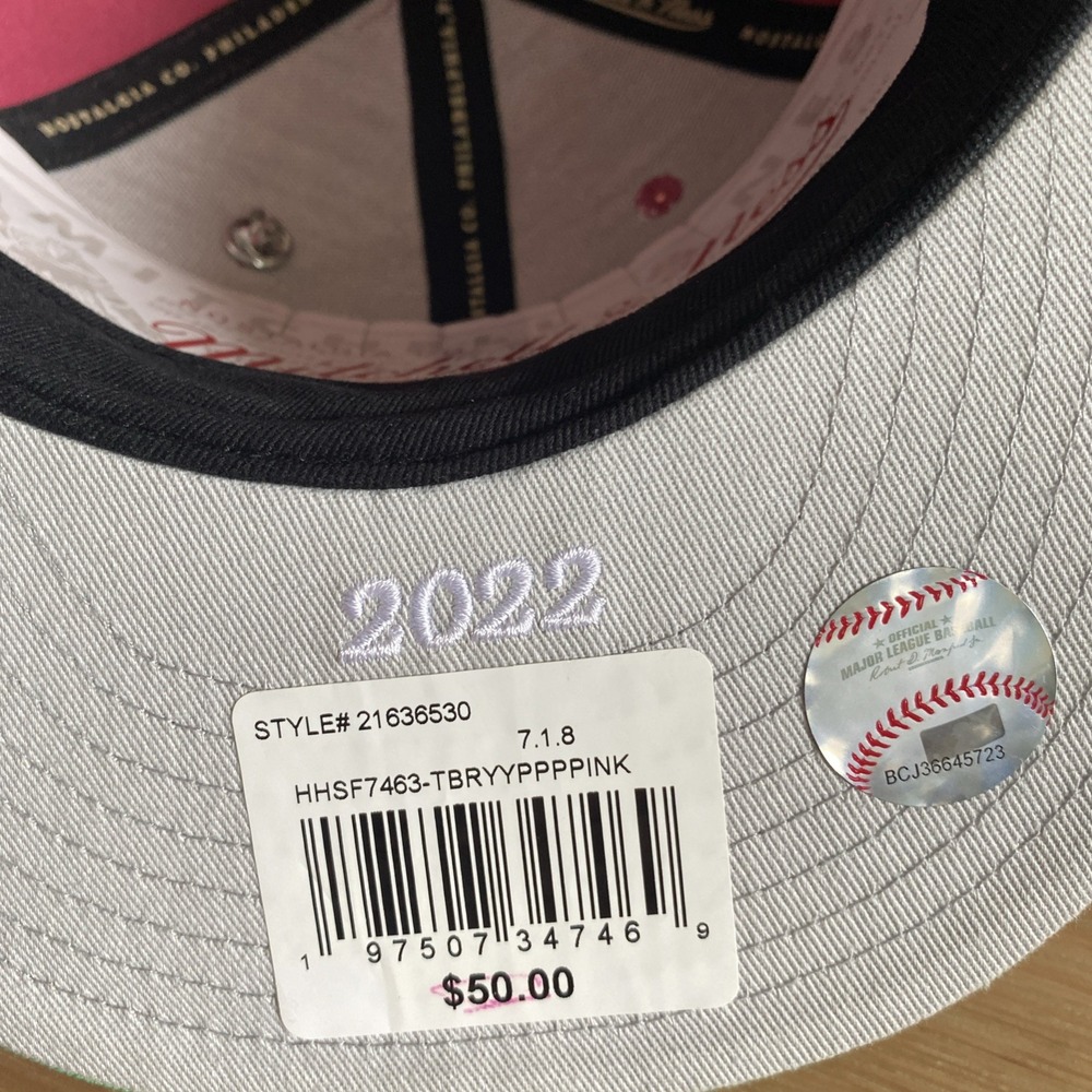 Topps Chrome Mitchell & Ness Tampa Bay Rays Pink Green Fitted 7 1/8 Hat Cap NEW! - Picture 7 of 8